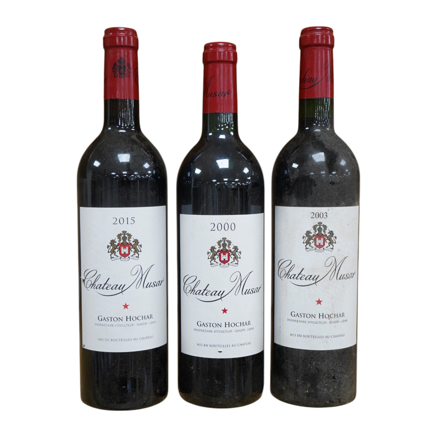 Three bottles of Chateau Musar; 2000, 2003 and 2015. Condition - good